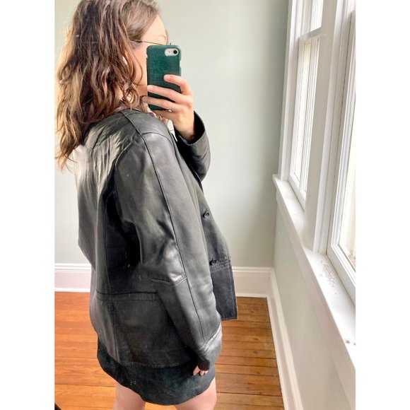 Vintage Y2K 90s 100% Buttery Leather Black Minimalist Sleek Punk Grunge Jacket L - Picture 5 of 10